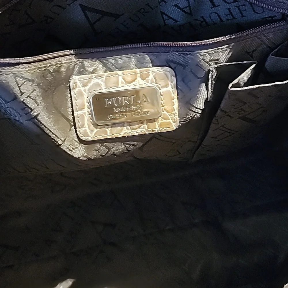 Furla Taupe Croc Embossed Leather Satchel
